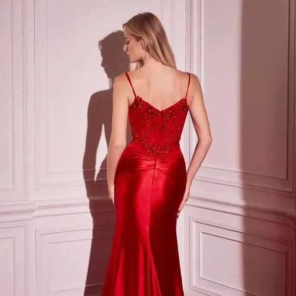 NEW FORMAL SLEEVELESS SATIN GOWN W/ V-NECK SHEER BODICE & CRYSTAL BEADING CD776
